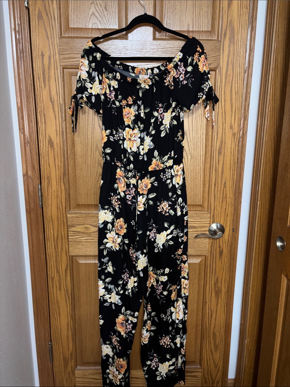 Xhilaration Black Floral Off-Shoulder Jumpsuit